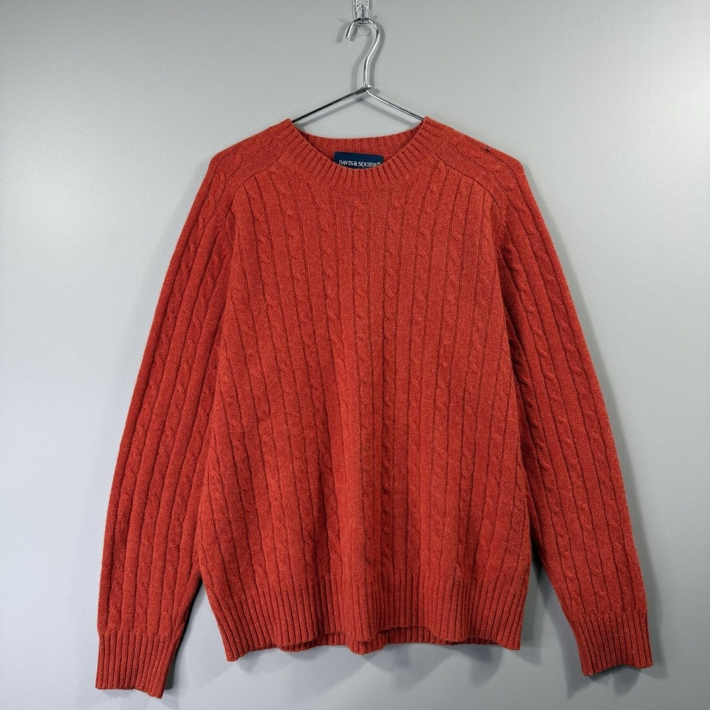 Davis & Squire Sweater Mens Medium Orange Cashmere Cable Knit Crewneck Pullover